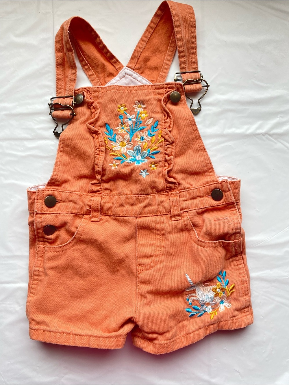 Little Lass Orange Floral Embroidered Short Overalls 2T